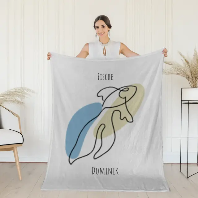 Kuscheldecke 140 x 200 cm Design Sternzeichen Fische Lineart mit Namen