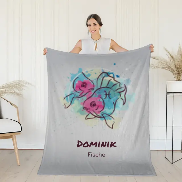 Kuscheldecke 140 x 200 cm Design Sternzeichen Fische Splashes mit Namen