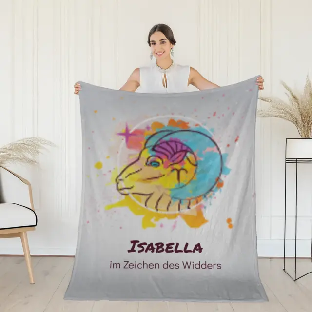 Kuscheldecke 140 x 200 cm Design Sternzeichen Widder Splashes mit Namen