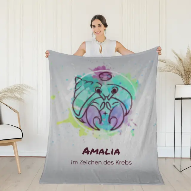 Kuscheldecke 140 x 200 cm Design Sternzeichen Krebs Splashes mit Namen