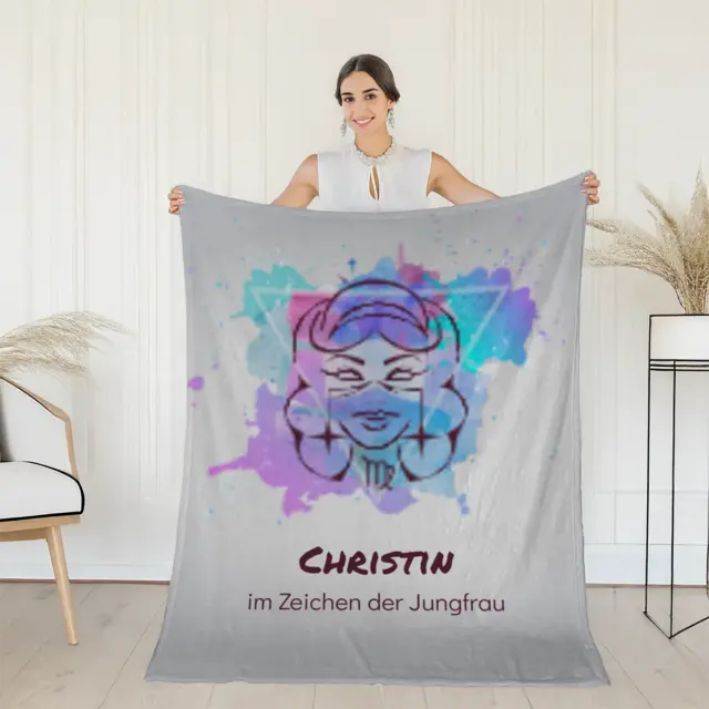 Kuscheldecke 140 x 200 cm Design Sternzeichen Jungfrau Splashes mit Namen