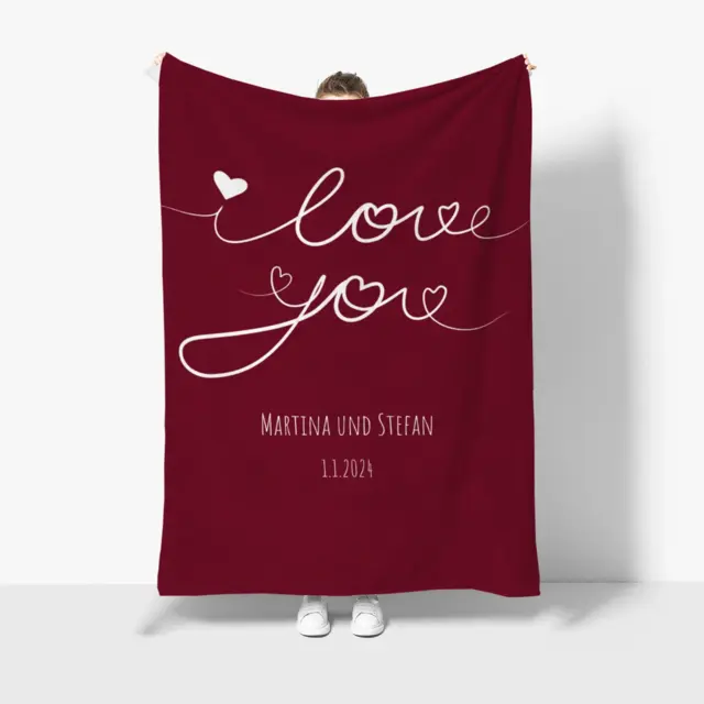 Kuscheldecke 140 x 200 cm Design Schriftzug I Love mit Herzen