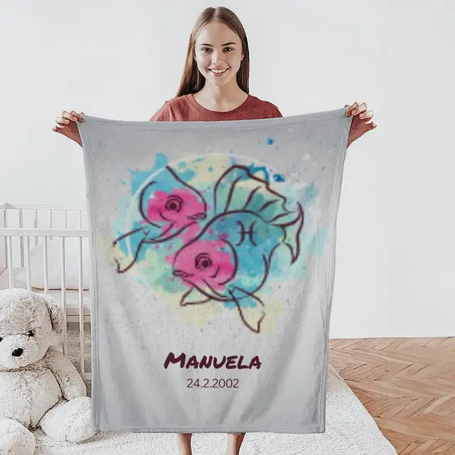 Kuscheldecke 140 x 200 cm Design Sternzeichen Fische Splashes mit Namen