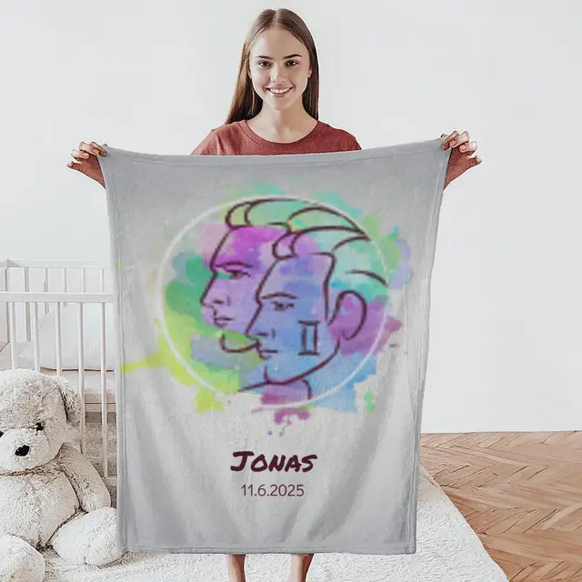 Kuscheldecke 75 x 100 cm Design Sternzeichen Zwillinge Splashes mit Namen