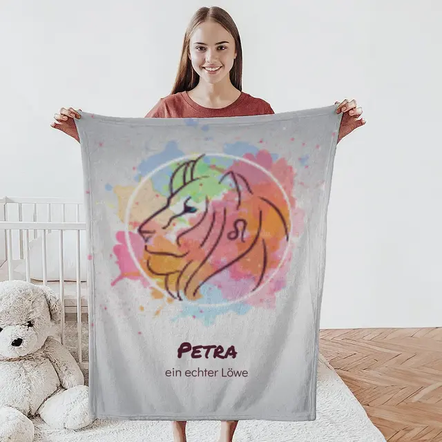 Kuscheldecke 75 x 100 cm Design Sternzeichen Löwe Splashes mit Namen