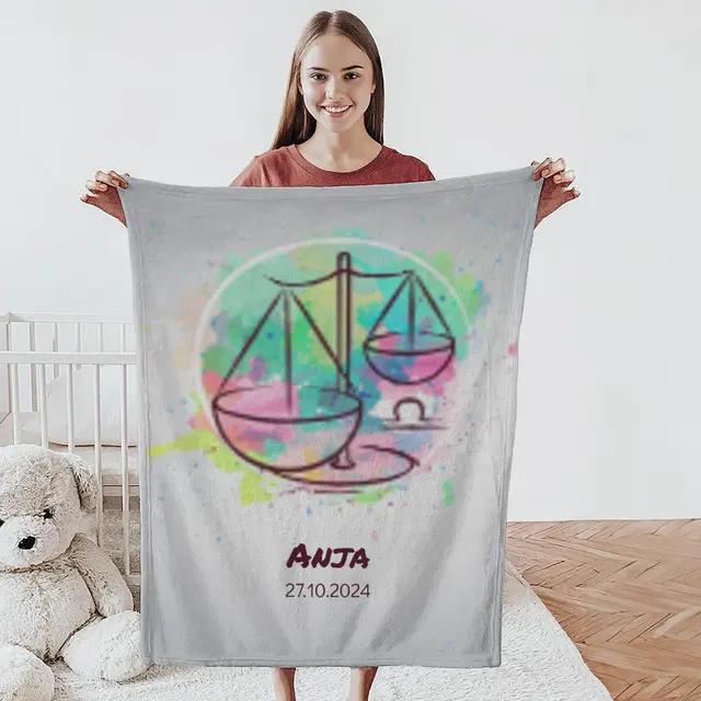 Kuscheldecke 75 x 100 cm Design Sternzeichen Waage Splashes mit Namen