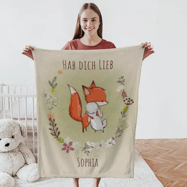 Kuscheldecke 75 x 100 cm Design Hase und Fuchs