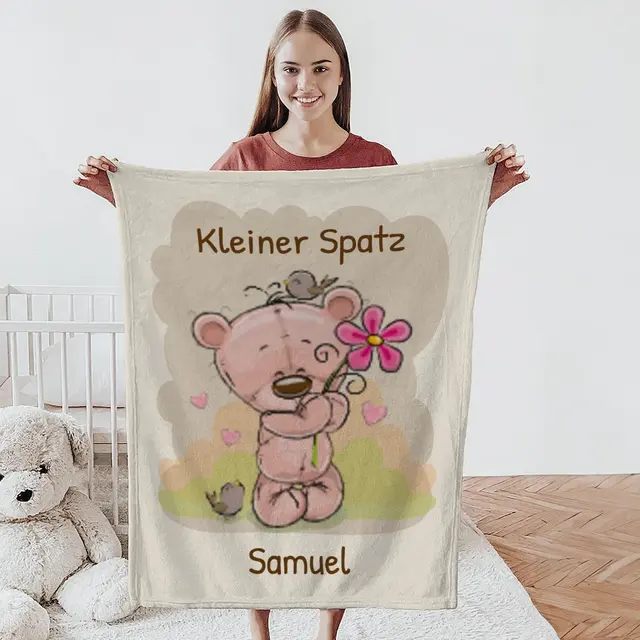 Kuscheldecke 75 x 100 cm Design Kleiner Teddy mit Spatzen