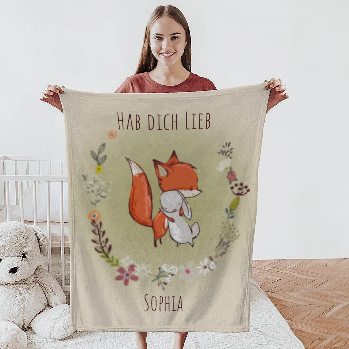 Niedliche Babydecke mit H&auml;schen und Fuchs