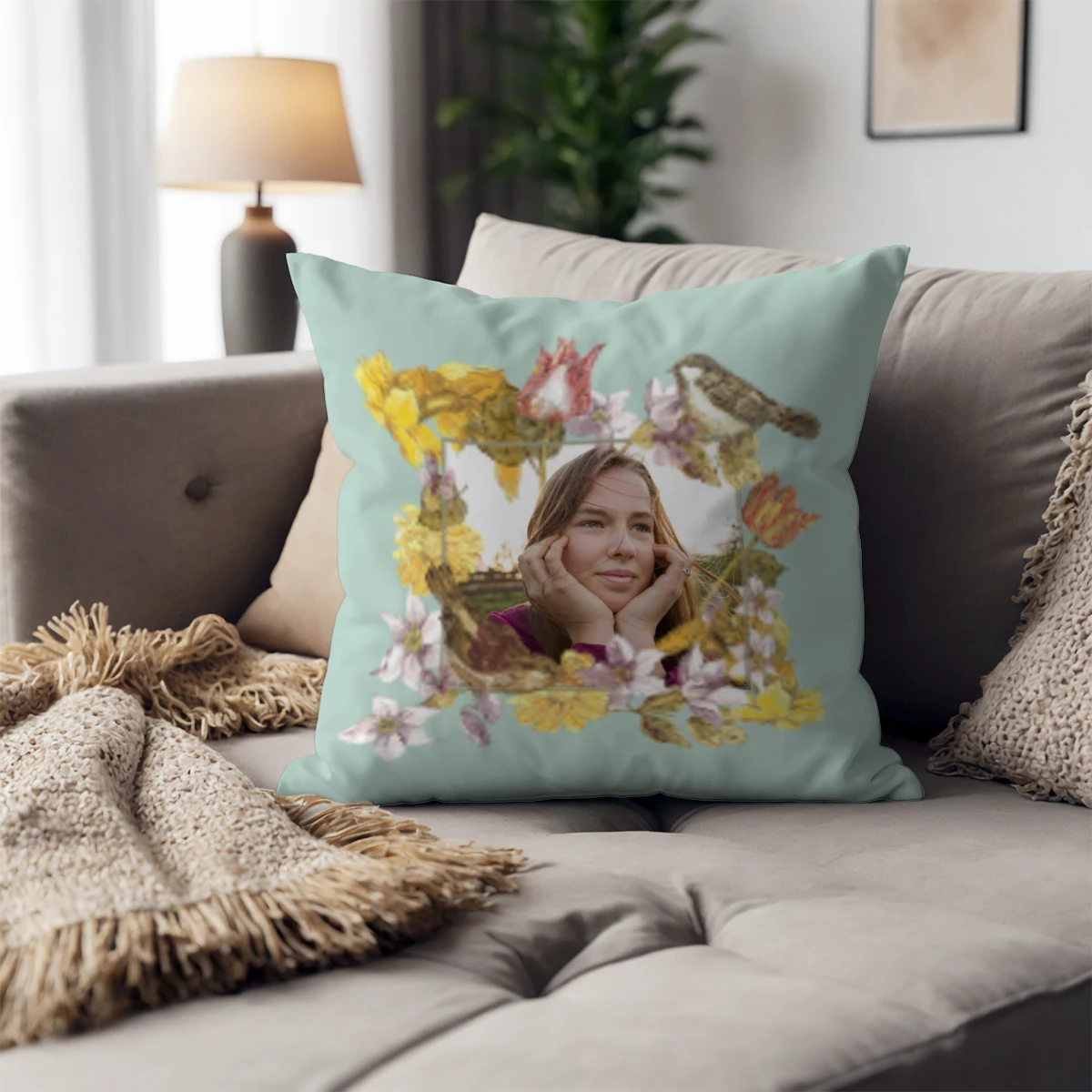 Frühlingshafter Fotorahmen auf Kissen