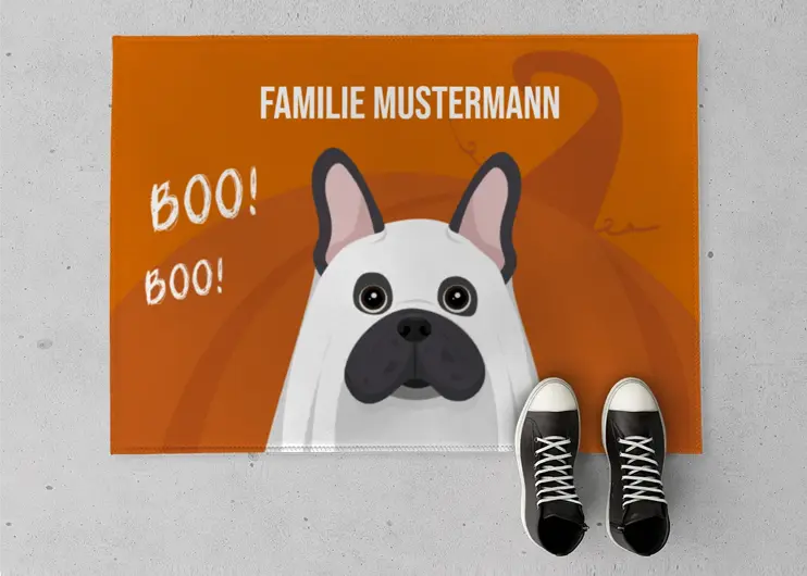 Halloween-Fußmatte Gespensterhund mit Familiennamen