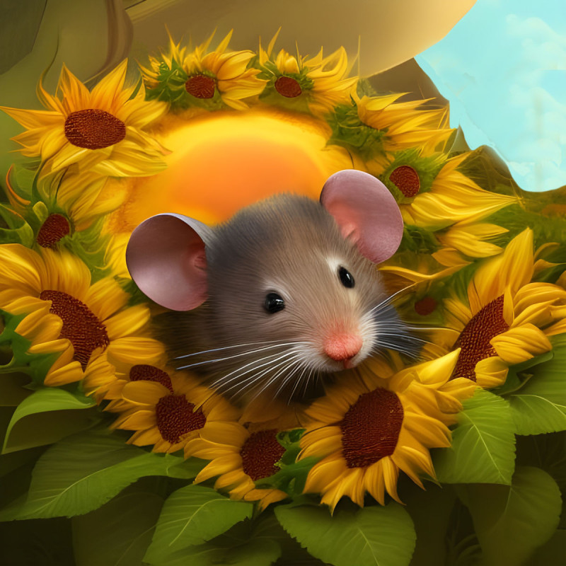 Maus in Sonnenblumen versteckt