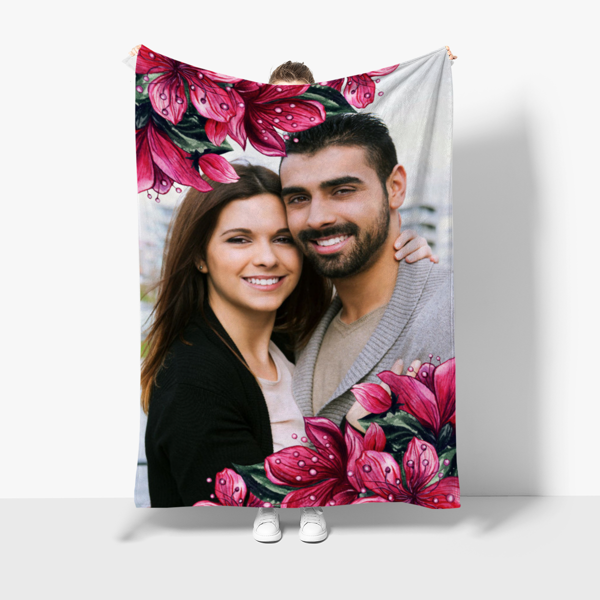 Kuscheldecke Pink Floral 140 x 200 cm mit Ihrem Bild - mit Foto personalisierbar - Fotodecke floral selbst gestalten - Geschenkidee Valentin, Hochzeit 1 Foto Pink Floral 140 x 200 cm