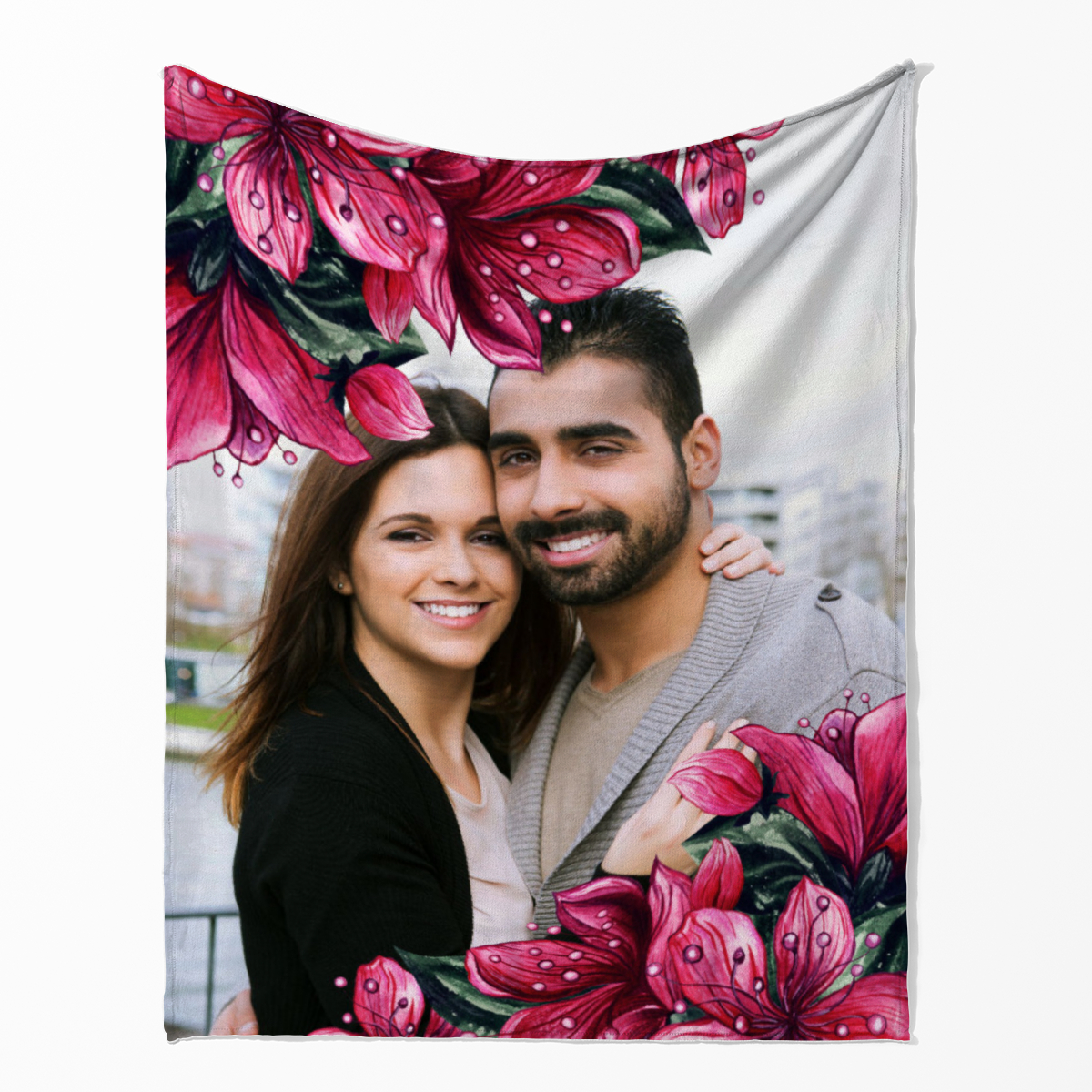 Kuscheldecke Pink Floral mit Ihrem Bild 125 x 155 cm - mit Foto personalisierbar - Fotodecke floral selbst gestalten - Geschenkidee Valentin, Hochzeit 1 Foto Pink Floral 125 x 155 cm