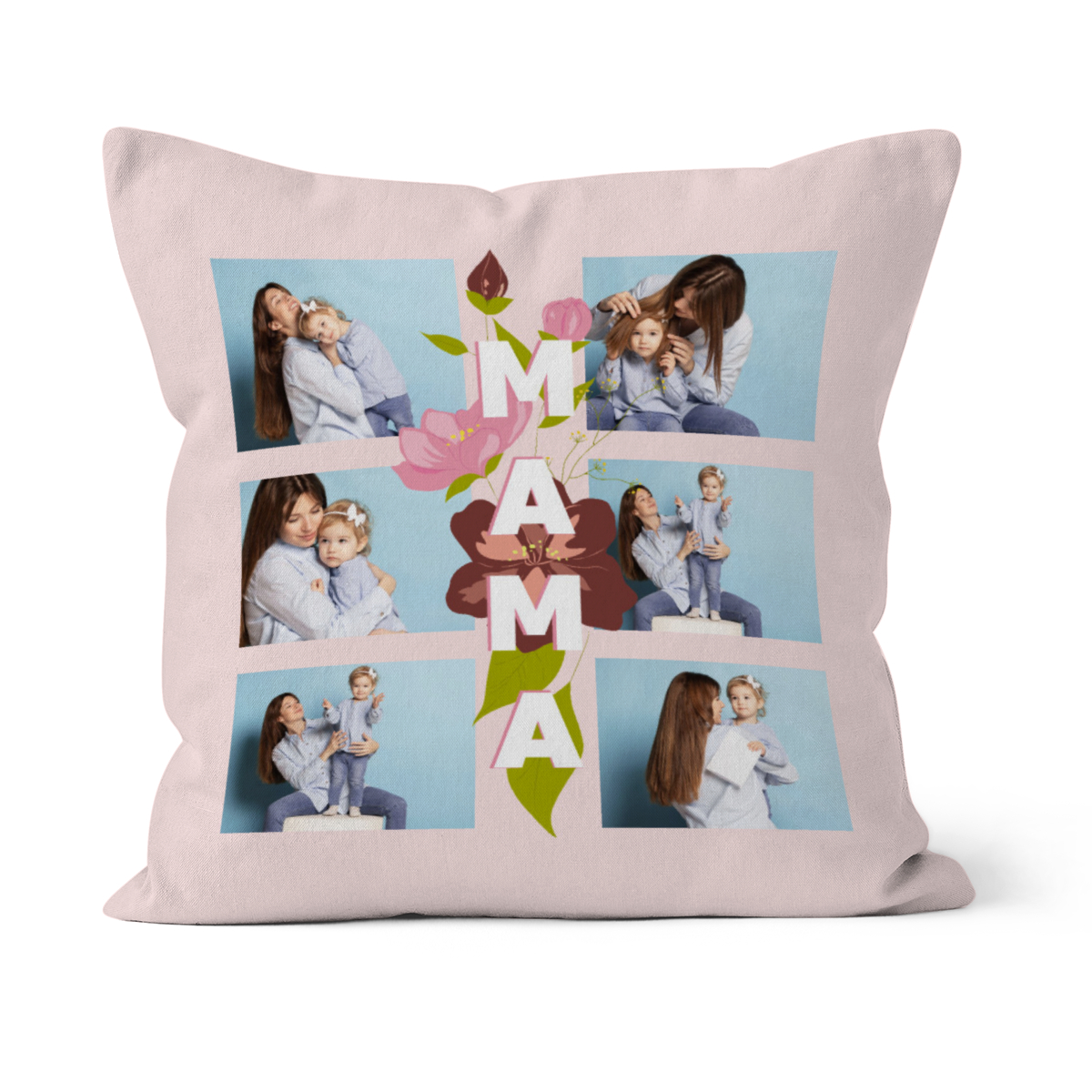 Personalisierter Samtkissenbezug Mama - Platz für 6 Fotos auf Vorderseite - Fotokissen Geschenk Muttertag