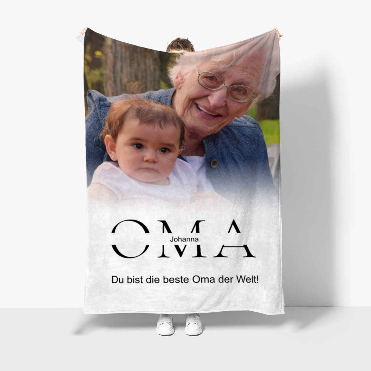 Kuscheldecke Oma 140 x 200 cm - mit Foto und 2 Texten personalisierbar - Fotodecke selbst gestalten - Geschenkidee Muttertag, Geburtstag OMA white