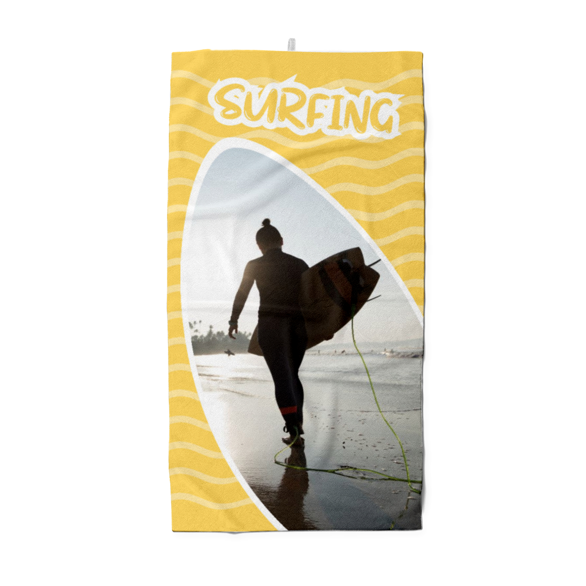 Strandtuch gelb im Surfbrett-Look - mit Foto personalisierbar - Foto-Badetuch - Geschenkidee Surfer Surfing