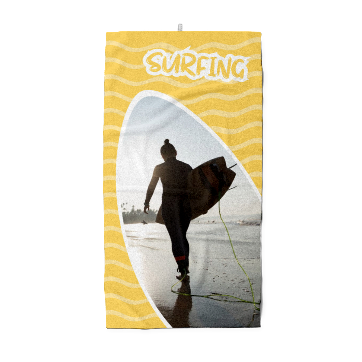 Duschtuch gelb im Surfbrett-Look - mit Foto personalisierbar - Foto-Duschtuch - Geschenkidee Surfer Surfing