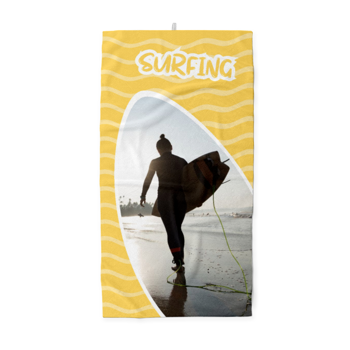 Handtuch gelb im Surfbrett-Look - mit Foto personalisierbar - Foto-Handtuch - Geschenkidee Surfer Surfing