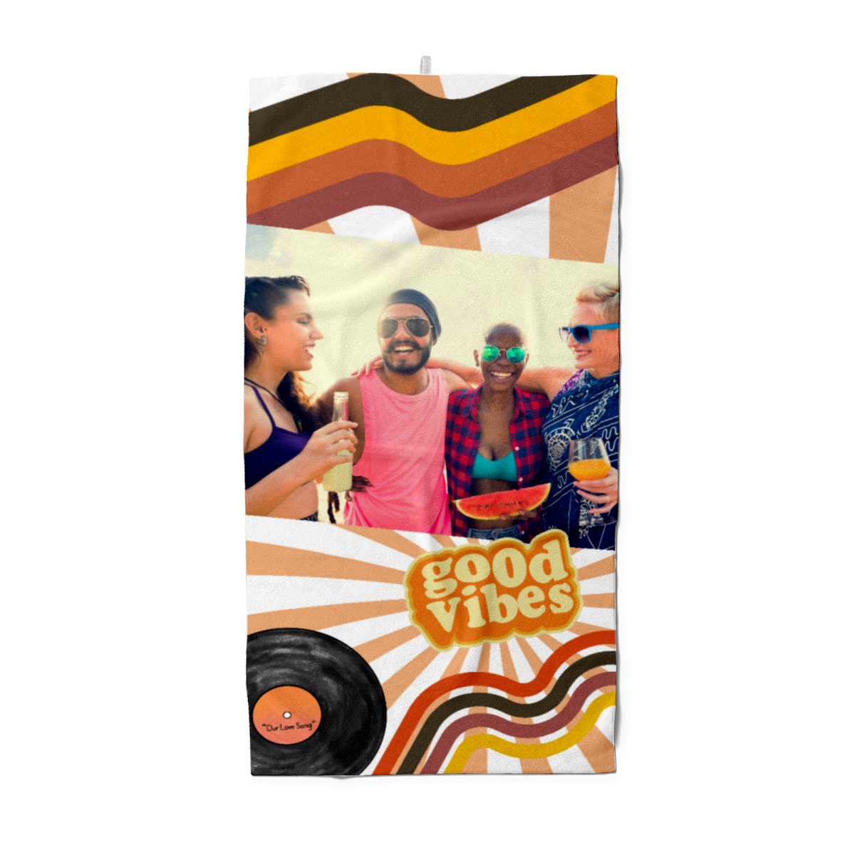 Strandtuch Good Vibes im Retro-Look - mit Foto personalisierbar - Foto-Badetuch für Urlaub, Bad, Strand - Good Vibes