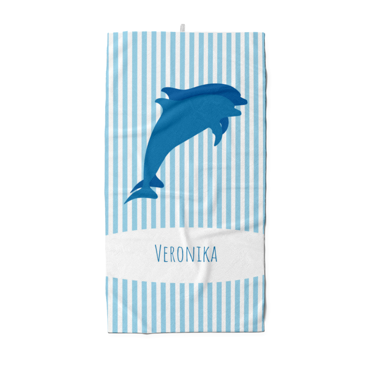 Badetuch gestreift mit blauen Delfinen - mit Namen personalisierbar - personalisiertes Namens-Badetuch - Strandtuch mit Wunschtext - Delfine blau