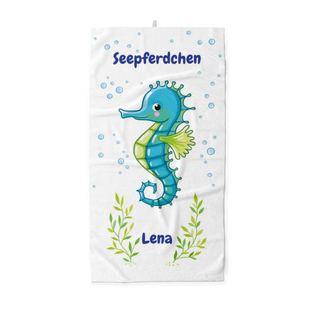 Handtuch mit Namen personalisierbar - personalisiertes Namens-Handtuch - Handtuch mit Wunschtext - Seepferdchen blau