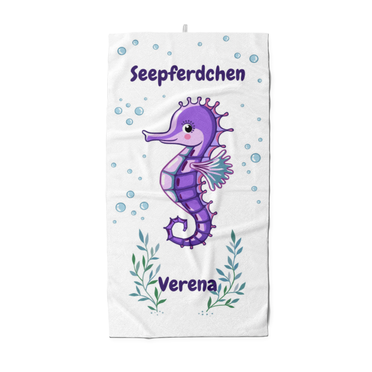 Duschtuch mit Namen personalisierbar - personalisiertes Namens-Duschtuch mit Wunschtext - Seepferdchen lila