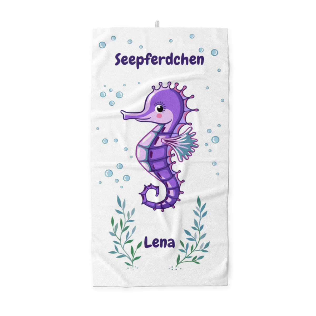 Handtuch mit Namen personalisierbar - personalisiertes Namens-Handtuch - Handtuch mit Wunschtext - Seepferdchen lila