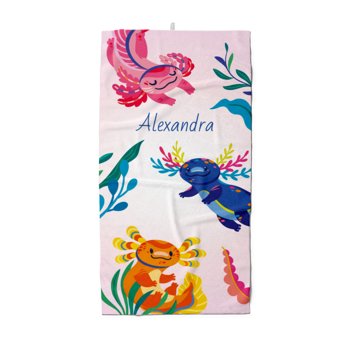 Badetuch mit Namen personalisierbar - personalisiertes Namens-Badetuch - Strandtuch mit Wunschtext - Axolotls