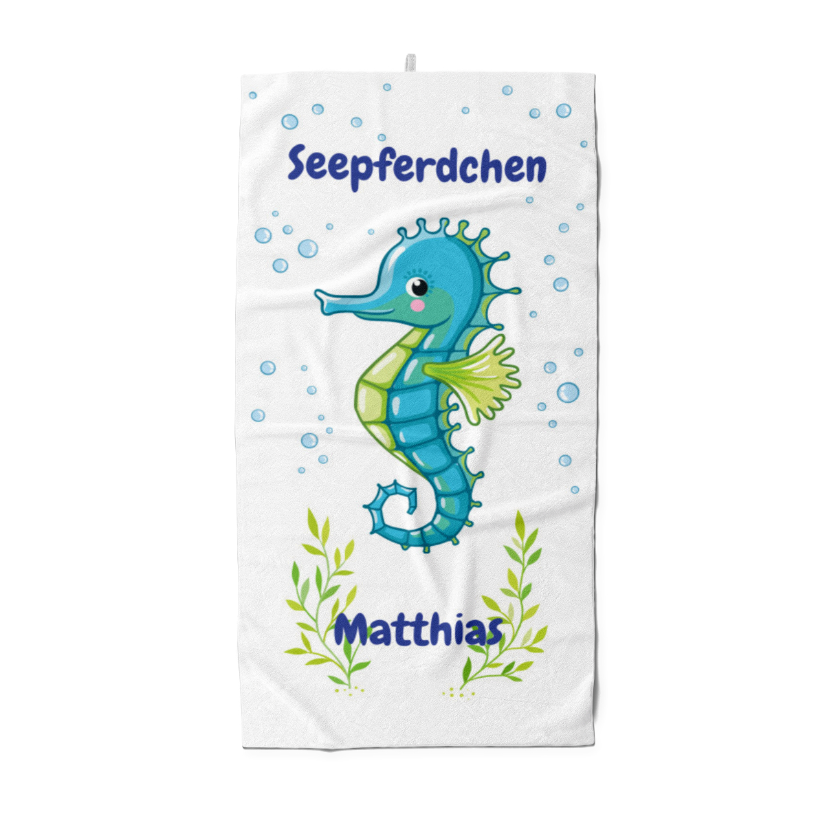 Badetuch mit Namen personalisierbar - personalisiertes Namens-Badetuch - Strandtuch mit Wunschtext - Seepferdchen blau