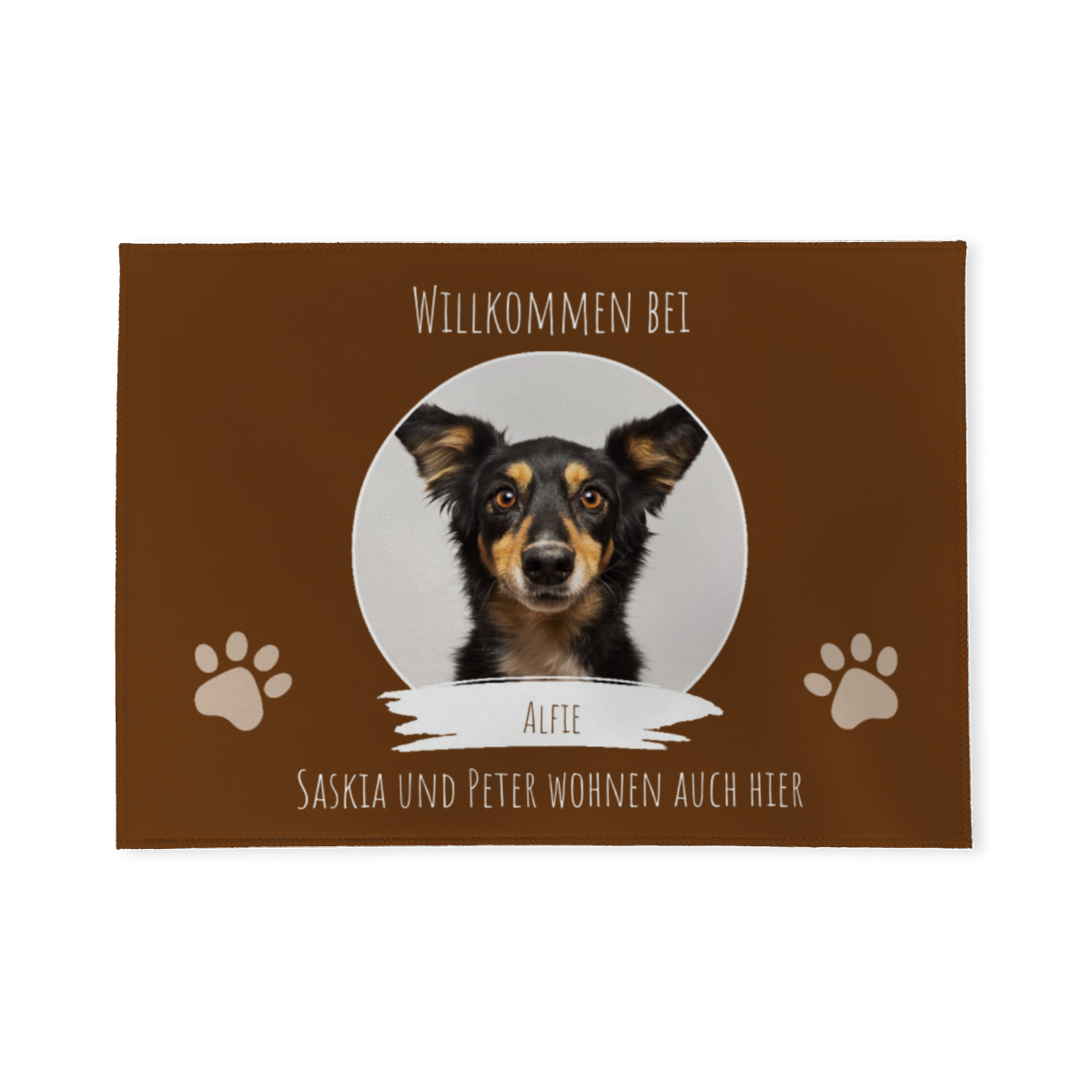 Fußmatte Willkommen mit Pfotenabdrücken personalisiert mit Foto und Text - Geschenkidee für Familie, Paare, zum Einzug - Türvorleger mit Bild und Namen bedruckt Willkommen Pfoten 1Bild-3Texte 70 x 50 cm