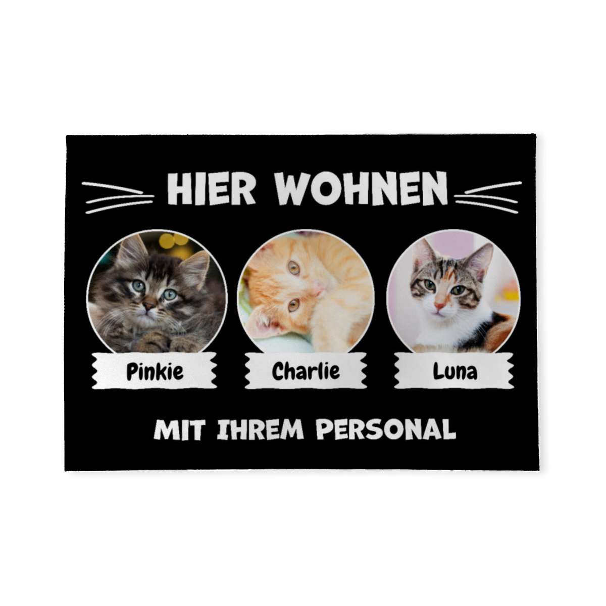 Spruch-Fußmatte Hier wohnen 3 Katzen mit Personal - personalisiert mit Foto und Name - Geschenkidee für Katzenhalter, Haustierbesitzer