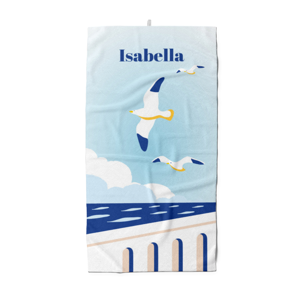 Duschtuch Sommer - mit Namen personalisierbar - personalisiertes Namens-Duschtuch mit Wunschtext - Möwen