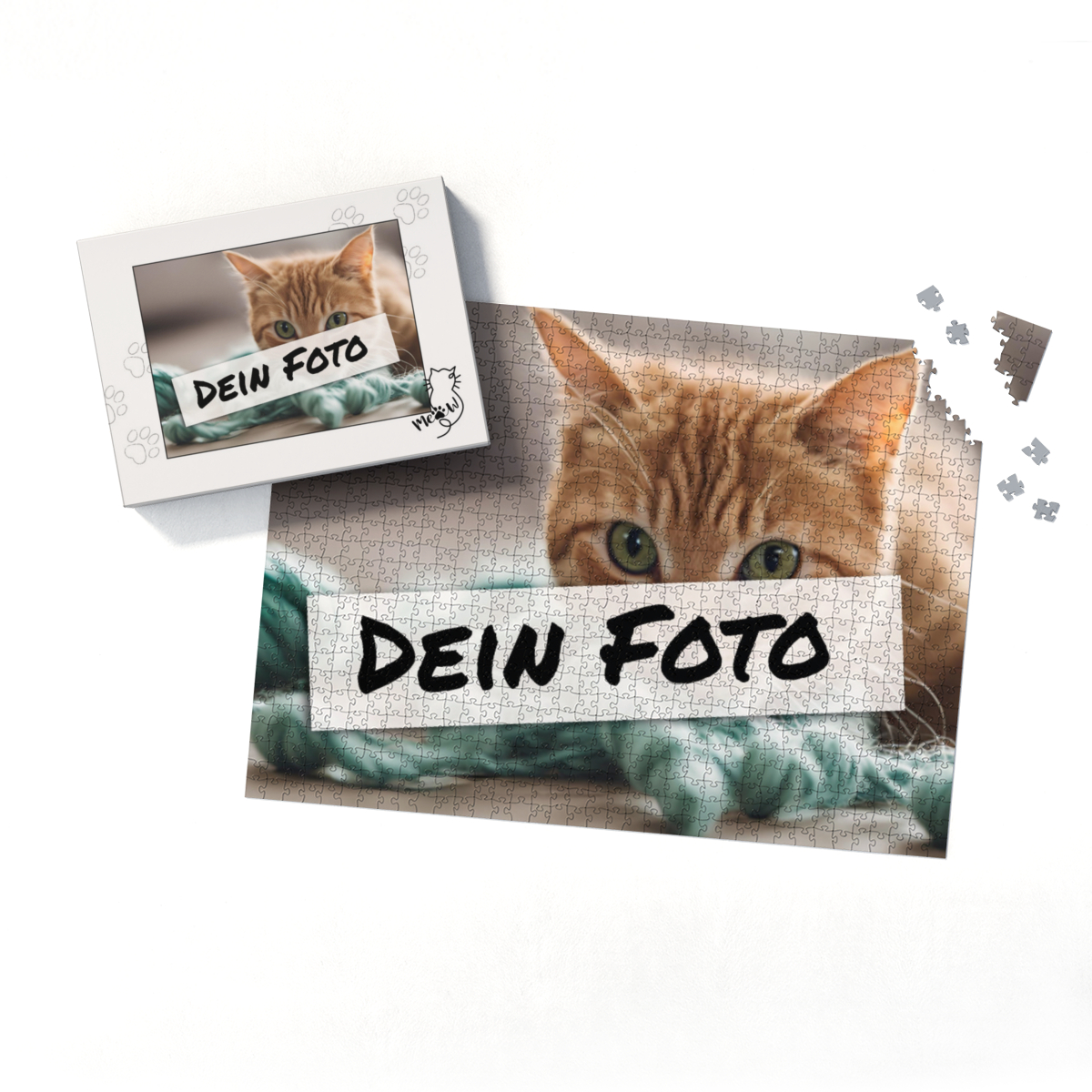 Fotopuzzle mit eigenem Bild - Puzzle selbst gestalten 2000 Teile Quer - Schachtel Meow - mit Foto personalisiert - Geschenk Katzenfan