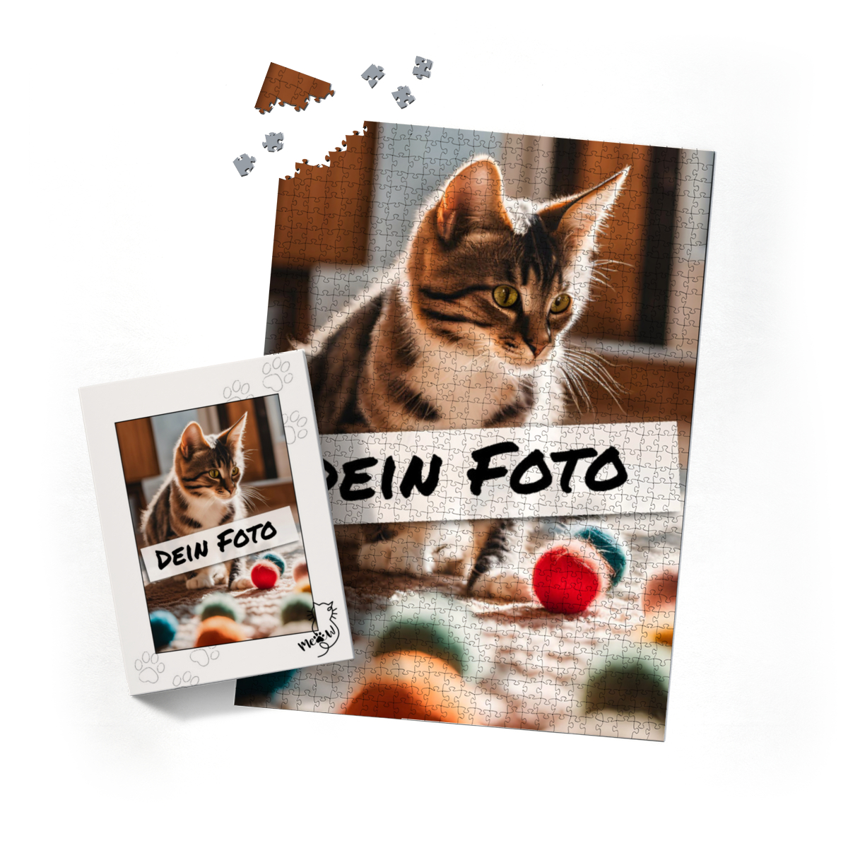 Fotopuzzle mit eigenem Bild - Puzzle selbst gestalten 1000 Teile Hochformat - Schachtel Meow - mit Foto personalisiert - Geschenk Katzenliebhaber