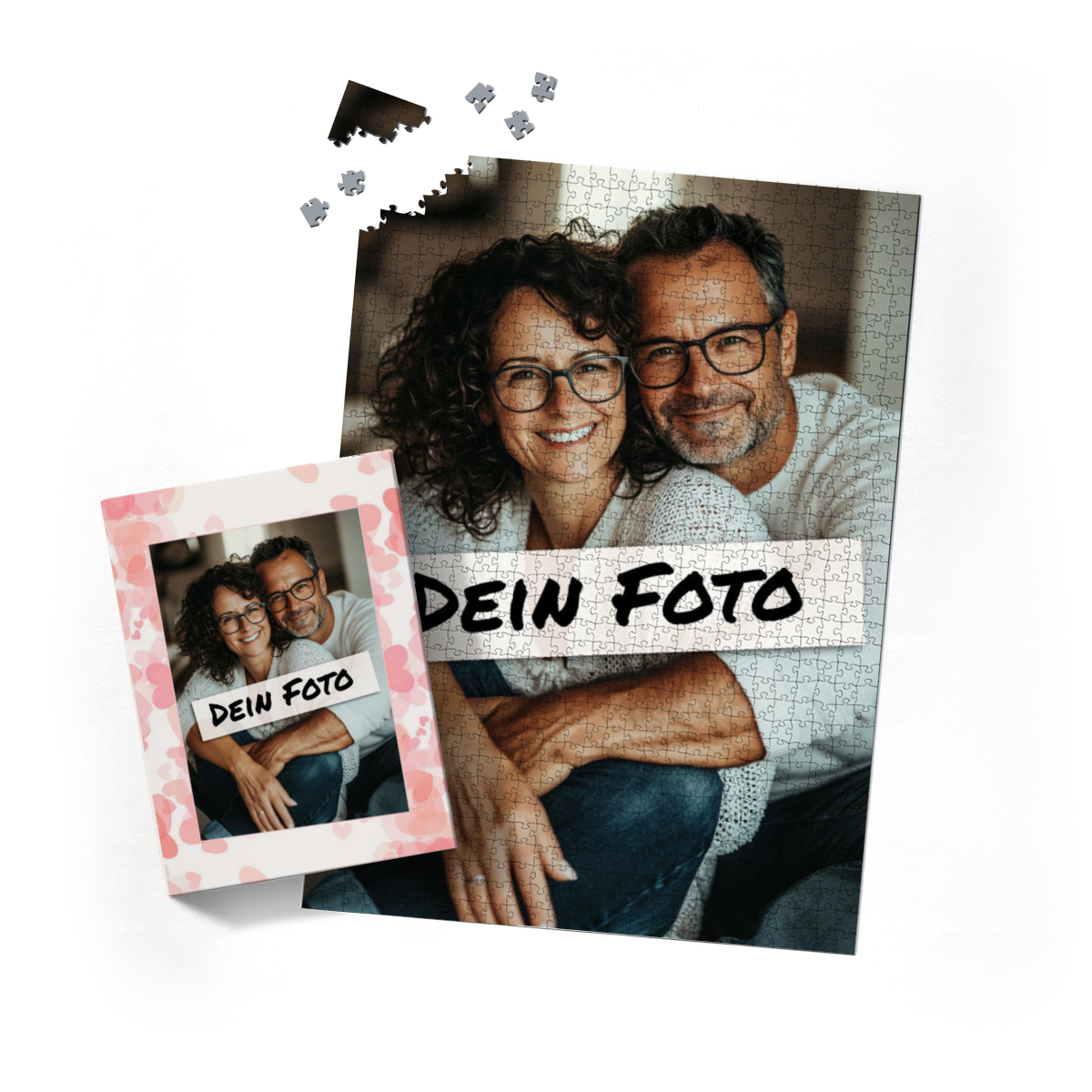 Fotopuzzle mit eigenem Bild - Fotopuzzle selbst gestalten 1000 Teile Hochformat - Schachtel Herzen rosa - Puzzle mit Foto personalisiert - Geschenk Geburtstag Herzen rosa 1000 Teile Hoch