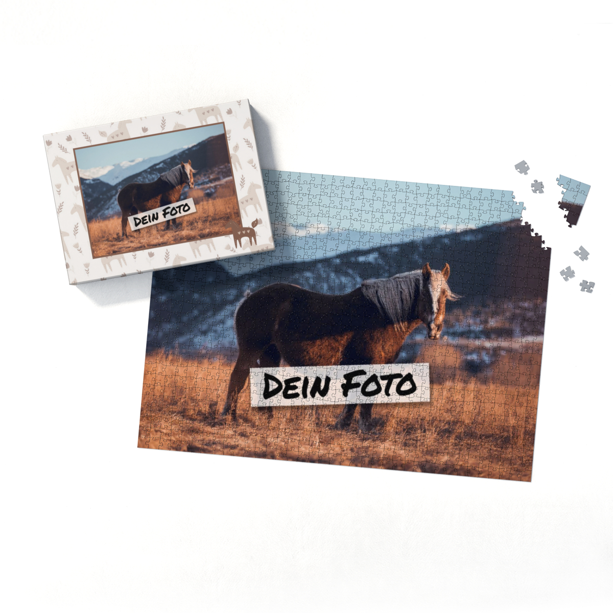 Fotopuzzle mit eigenem Bild - Fotopuzzle selbst gestalten 2000 Teile - Schachtel Skandipferde - Puzzle mit Foto personalisiert - Geschenk Geburtstag, Pferdefans Skandipferde 2000 Teile Quer