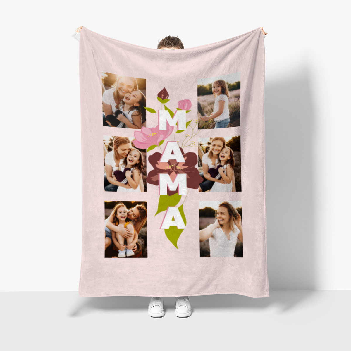 Kuscheldecke Mama Blüten 140 x 200 cm - mit 6 Fotos personalisierbar - Fotodecke selbst gestalten - Geschenkidee Muttertag Mama Blüten 6 Fotos 140 x 200 cm