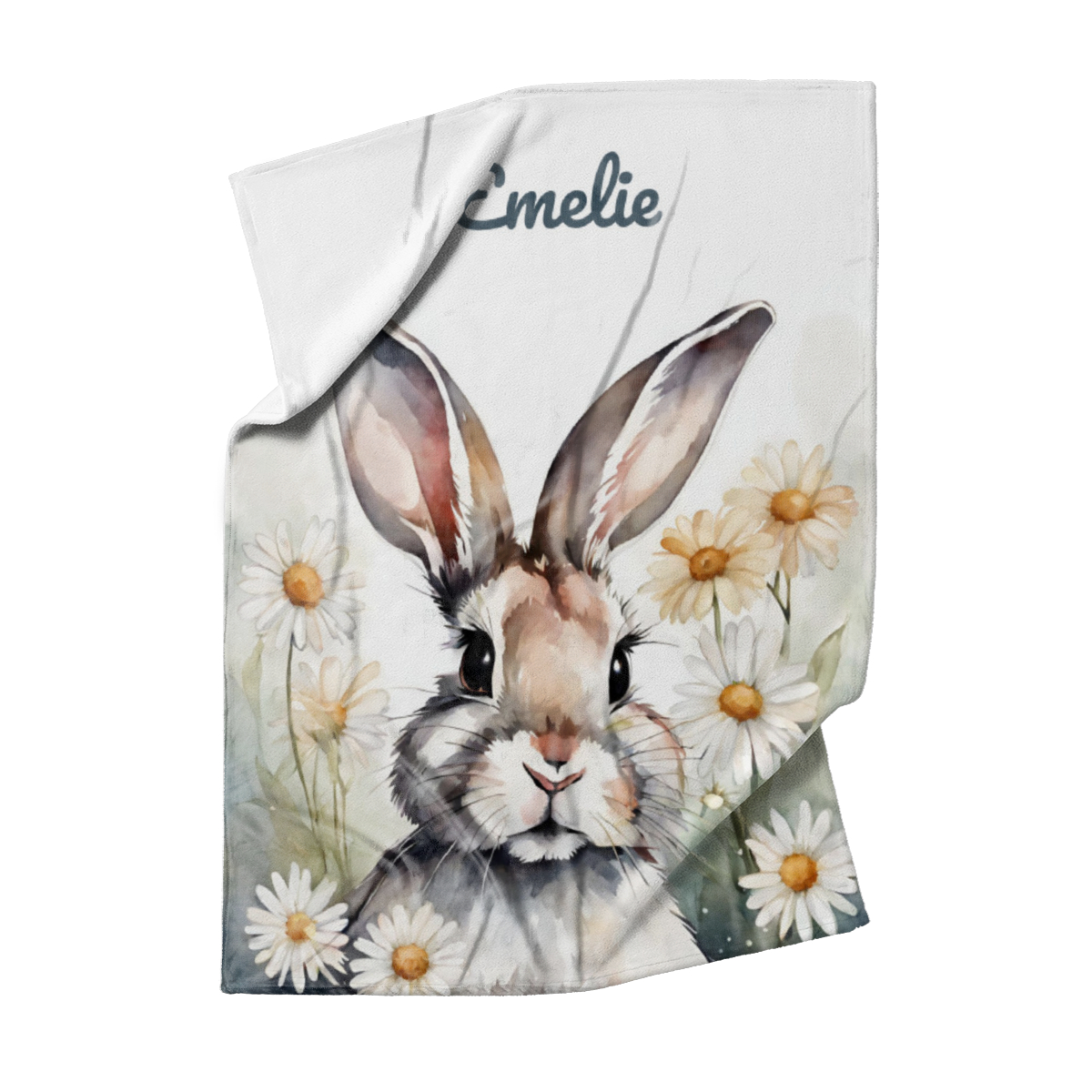 Babydecke mit Namen personalisierbar, Kuscheldecke, Namensdecke mit Häschen, Geschenkidee Geburt Motiv Hase Blümchen 75 x 100 cm