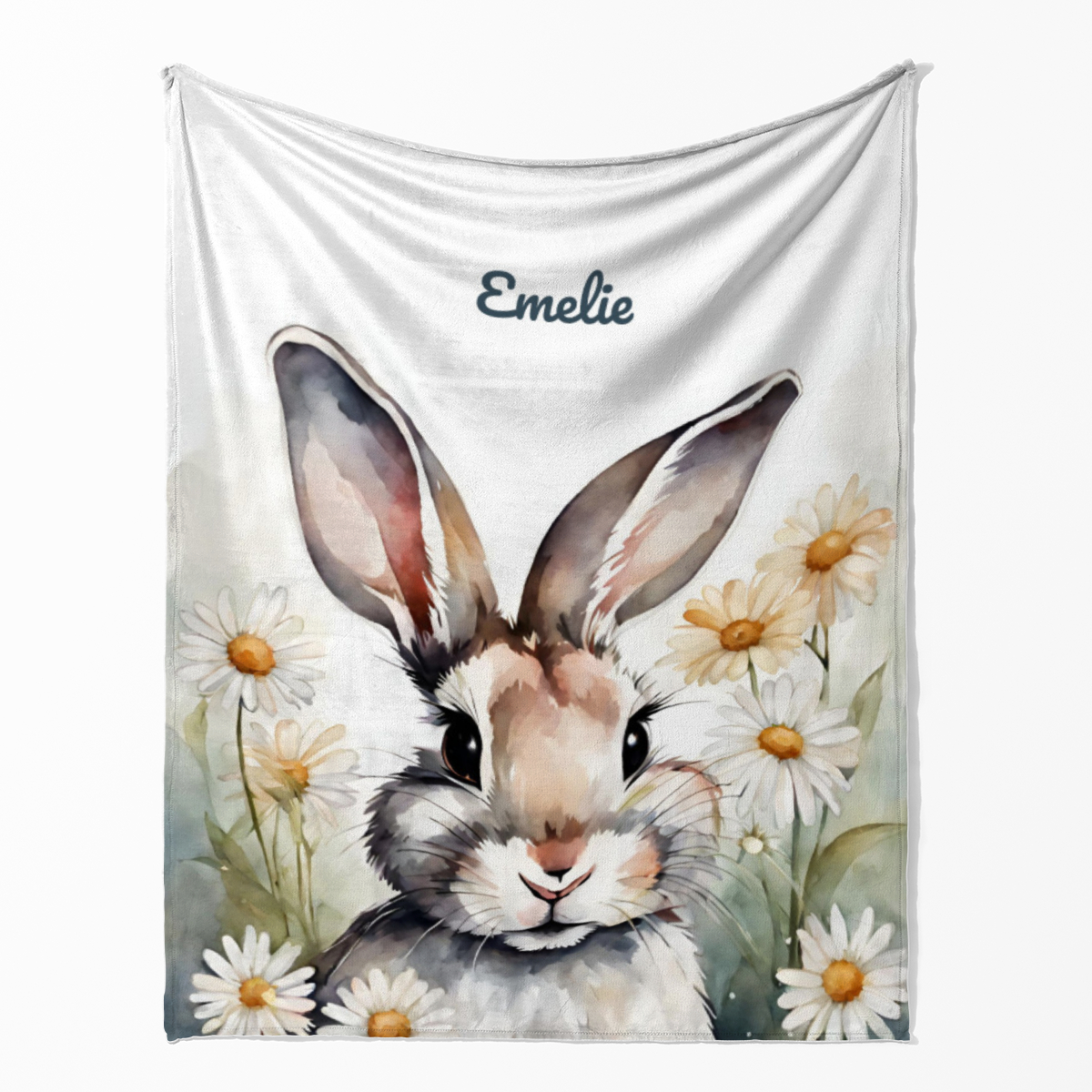 Wohndecke mit Namen personalisierbar, Kuscheldecke, Namensdecke mit Häschen, Geschenkidee Geburtstag Motiv Hase Blümchen 125 x 155 cm