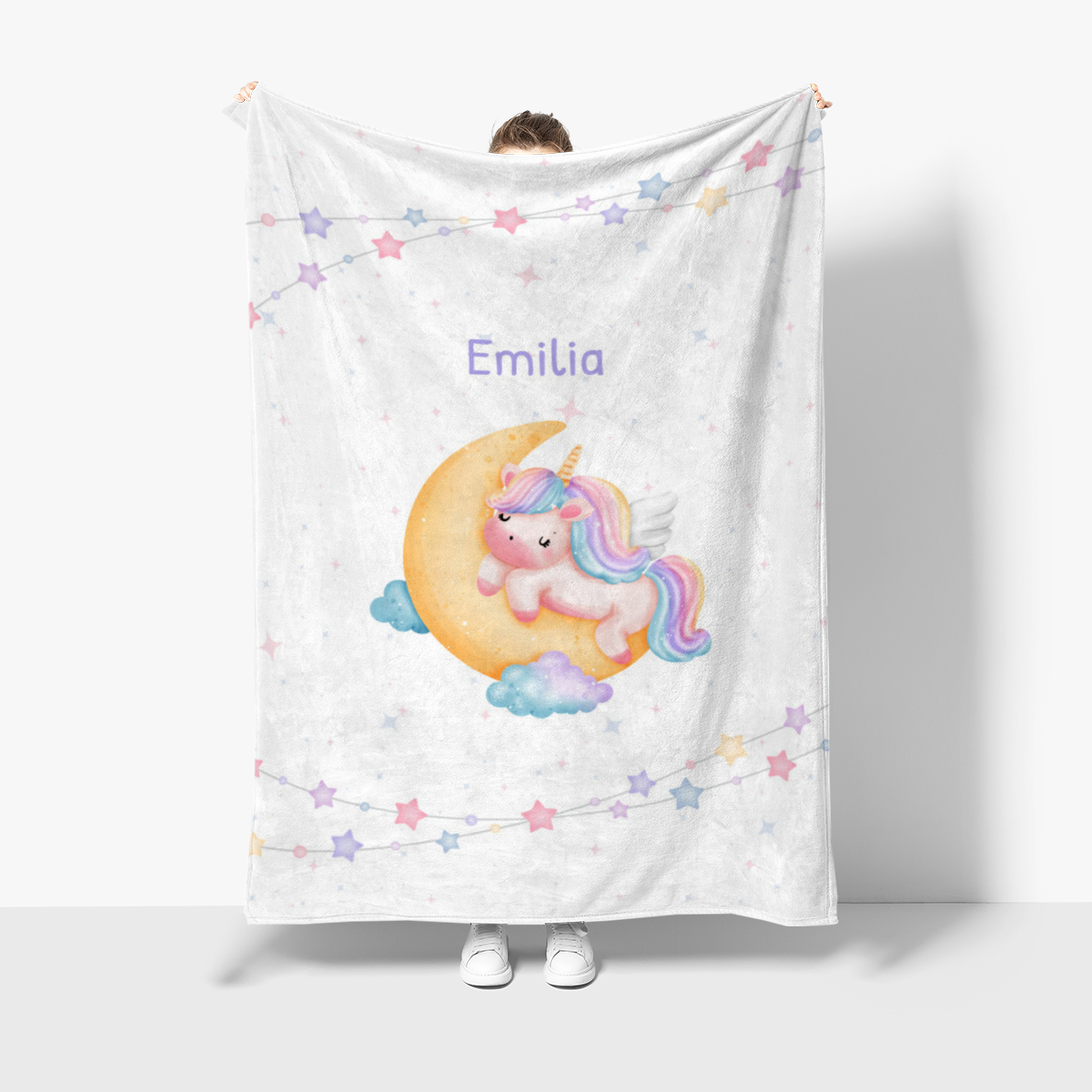 Wohndecke mit Namen personalisierbar, Kuscheldecke, Namensdecke mit Einhorn, Geschenkidee Geburtstag Motiv Einhorn 140 x 200 cm