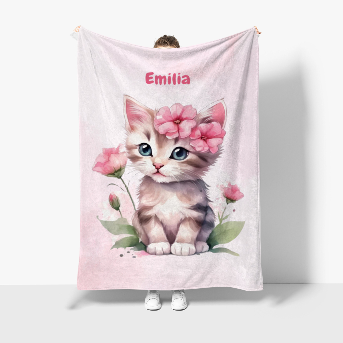 Wohndecke mit Namen personalisierbar, Kuscheldecke, Namensdecke mit süßem Kätzchen, Geschenkidee Geburtstag Motiv Katze rosa 140 x 200 cm