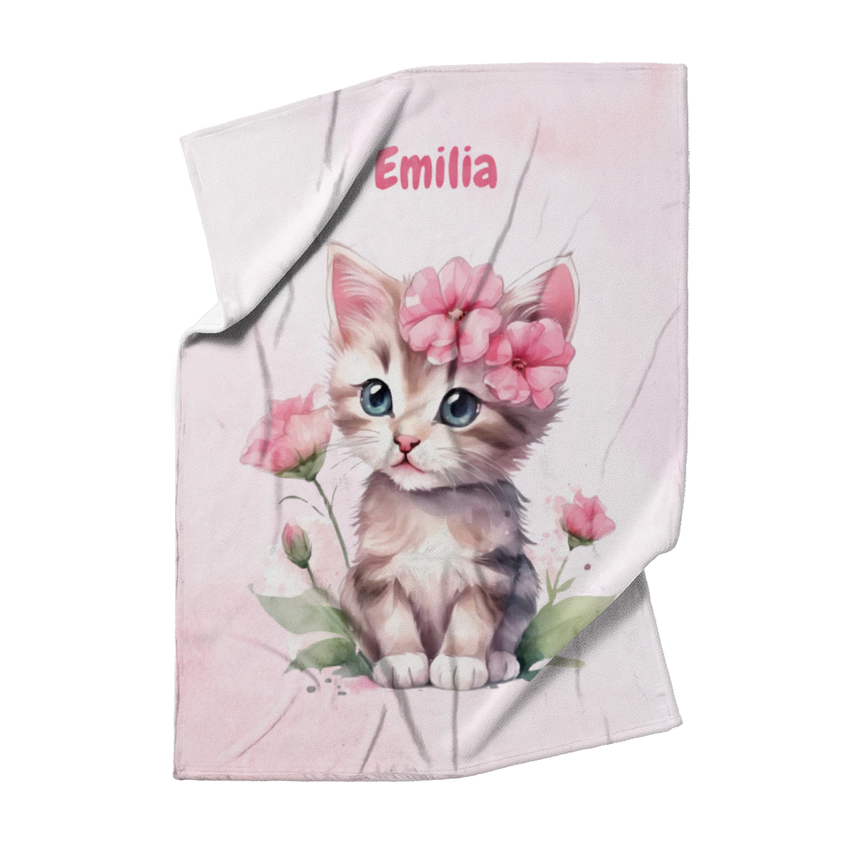 Wohndecke mit Namen personalisierbar, Kuscheldecke, Namensdecke mit süßem Kätzchen, Geschenkidee Geburtstag Motiv Katze rosa 75 x 100 cm
