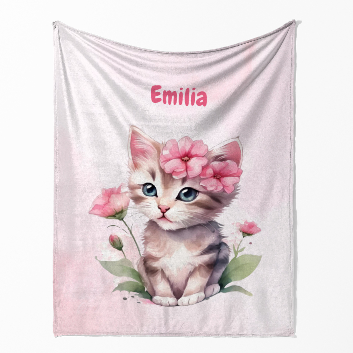 Wohndecke mit Namen personalisierbar, Kuscheldecke, Namensdecke mit süßem Kätzchen, Geschenkidee Geburtstag Motiv Katze rosa 125 x 155 cm