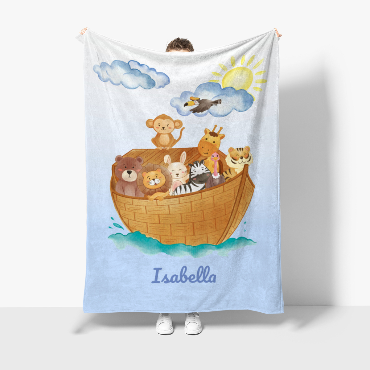 Wohndecke mit Namen personalisierbar, Kuscheldecke, Namensdecke mit niedlichem Tiermotiv, Geschenkidee Geburtstag Motiv Tiere Arche 140 x 200 cm