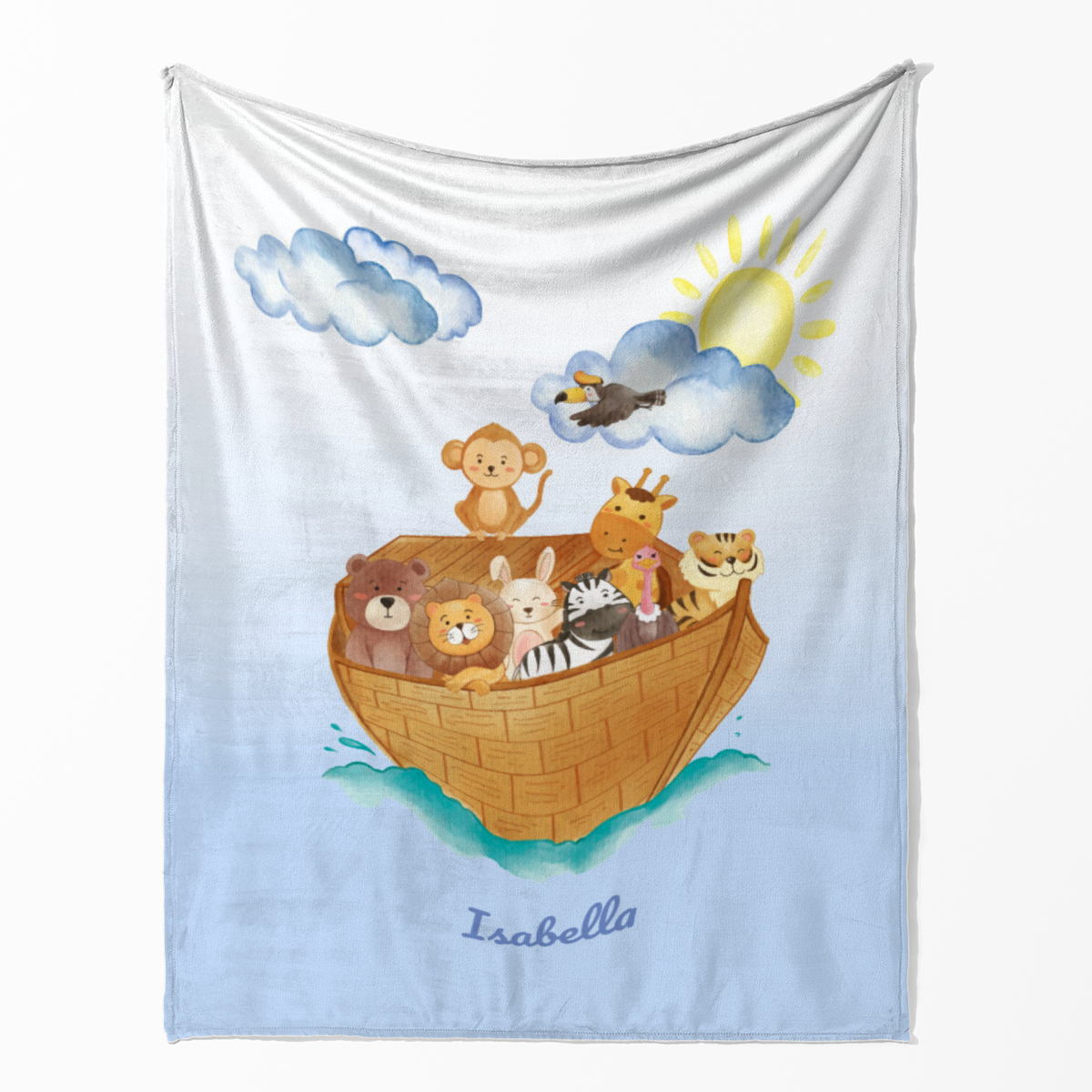 Wohndecke mit Namen personalisierbar, Kuscheldecke, Namensdecke mit niedlichem Tiermotiv, Geschenkidee Geburtstag Motiv Tiere Arche 125 x 155 cm