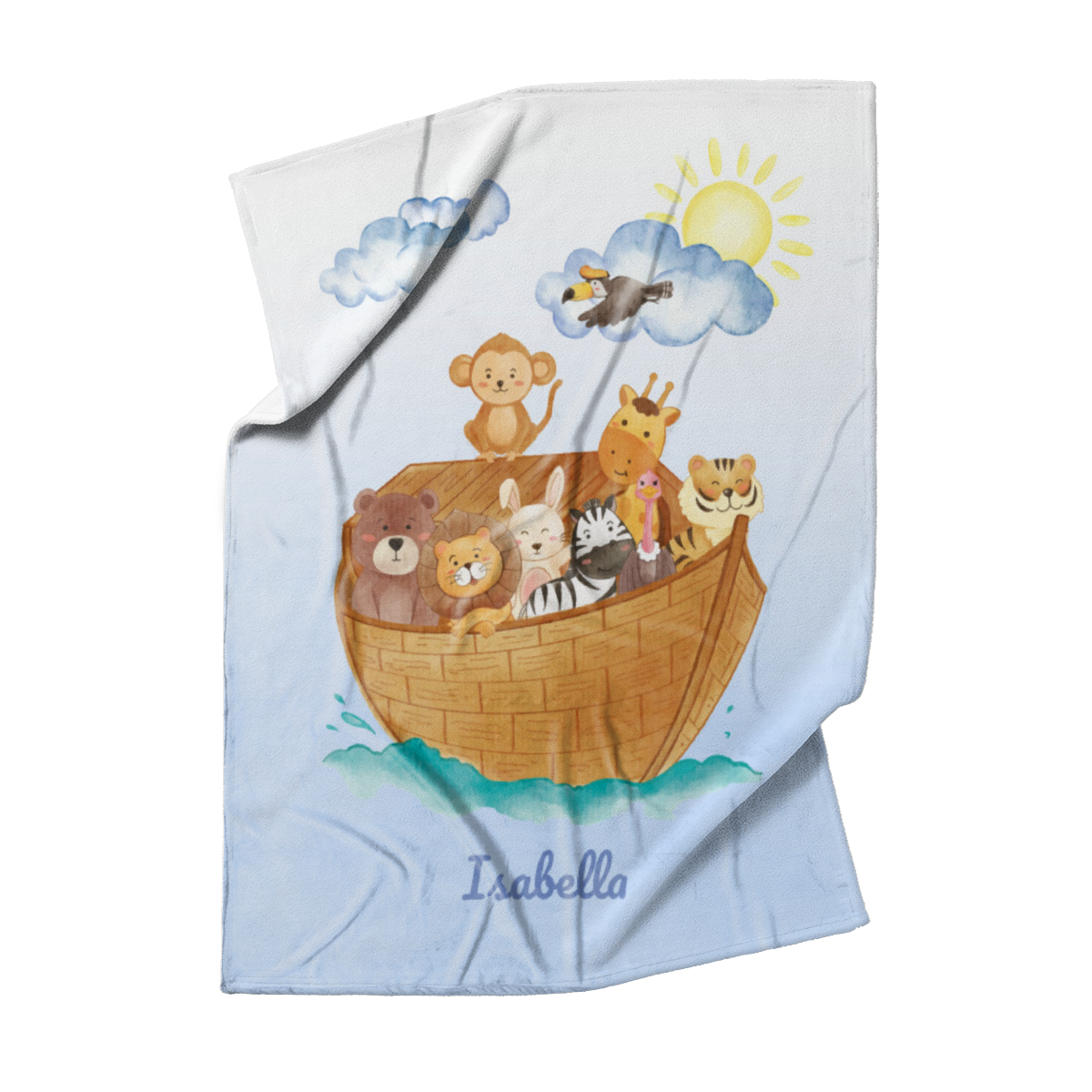Babydecke mit Namen personalisierbar, Kuscheldecke, Namensdecke mit niedlichem Tiermotiv, Geschenkidee Geburtstag Motiv Tiere Arche 75 x 100 cm