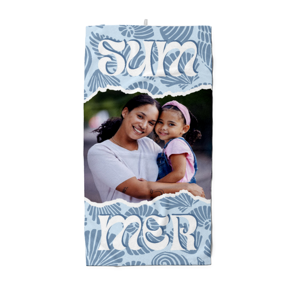 Strandtuch blau Sommer - mit Foto personalisierbar - Foto-Badetuch im Muscheldesign - Muscheln blau