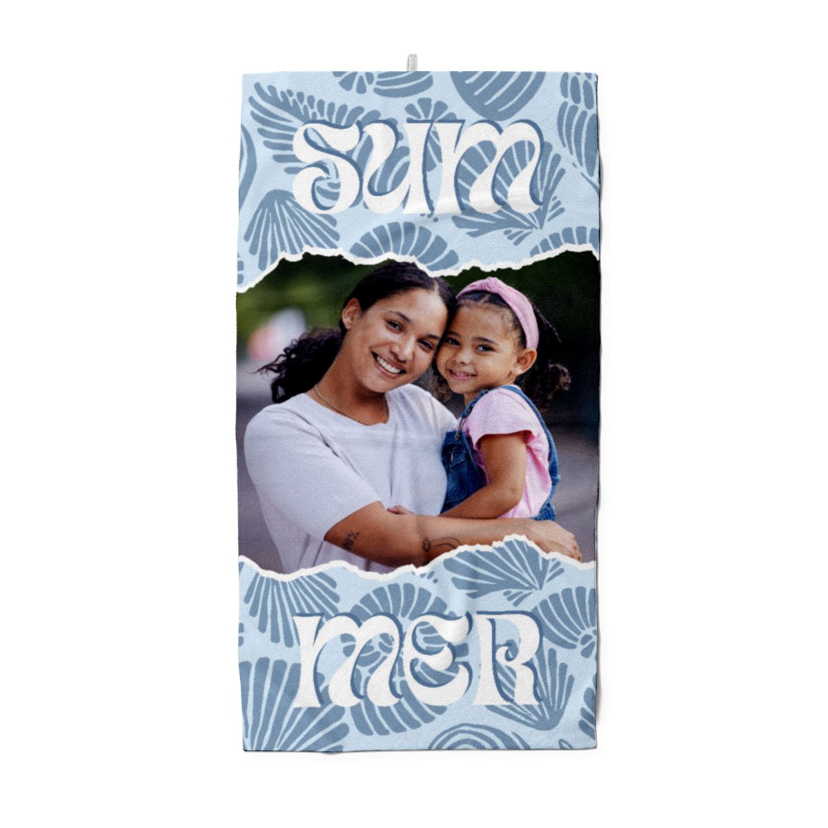 Duschtuch blau Sommer - mit Foto personalisierbar - Foto-Duschtuch im Muscheldesign - Muscheln blau