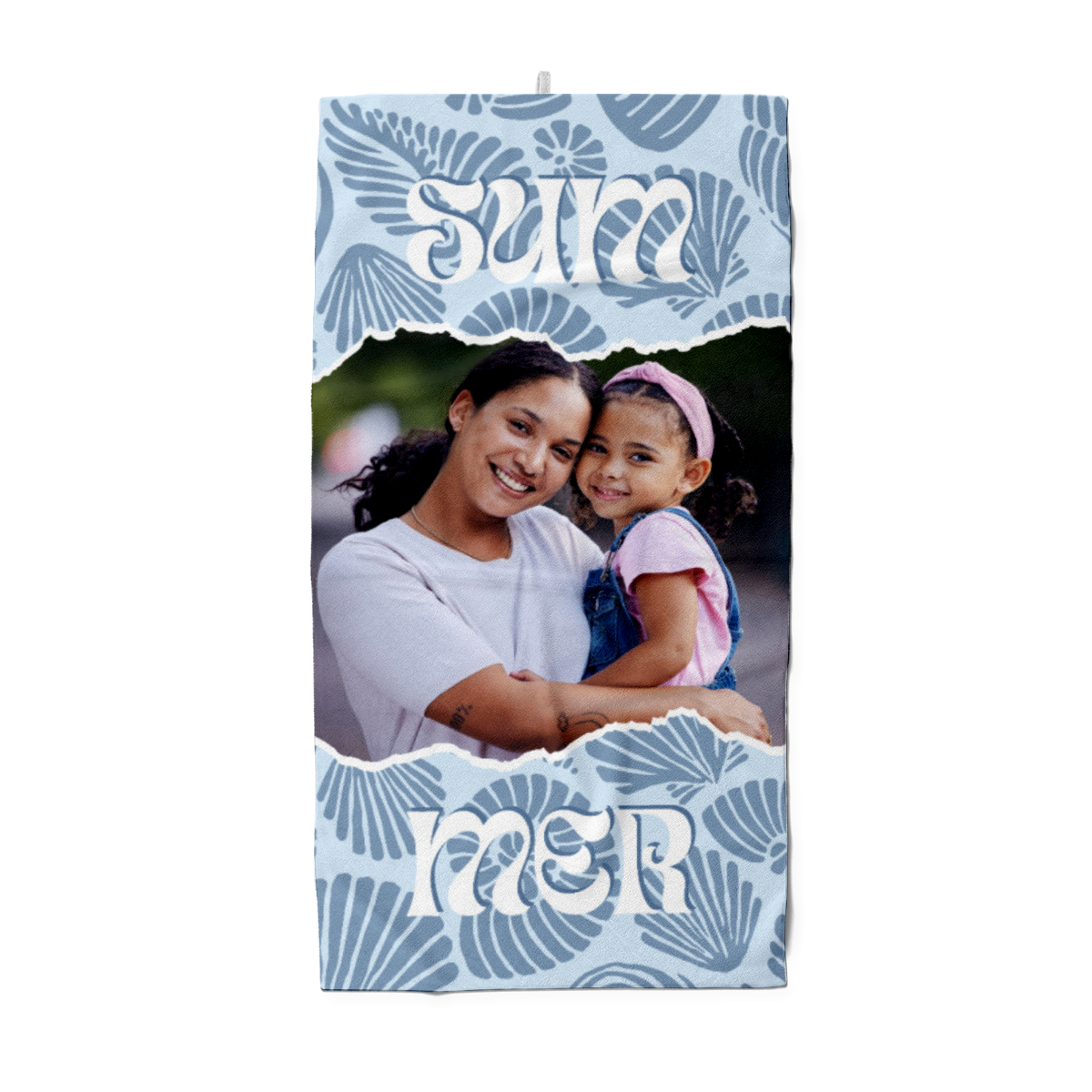 Handtuch blau Sommer - mit Foto personalisierbar - Foto-Handtuch im Muscheldesign - Muscheln blau